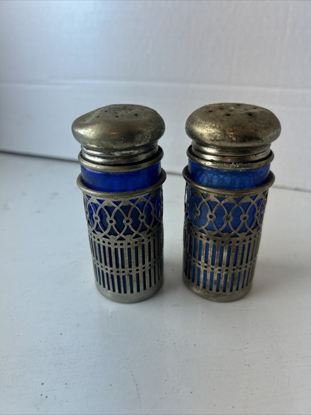Pierced Silver & Cobalt Blue Glass Salt Pepper Shakers Made In Japan Vintage
